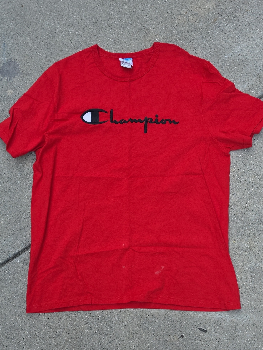 Champion Red Short Sleeve Tee with Black Script Emblem